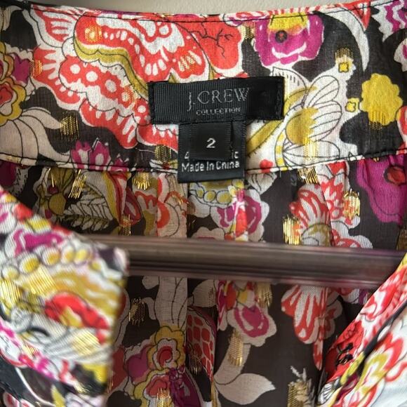 J CREW SILK SHEER FLORAL BLOUSE WITH GOLD METALLIC DETAIL SIZE 2 - Picture 9 of 10